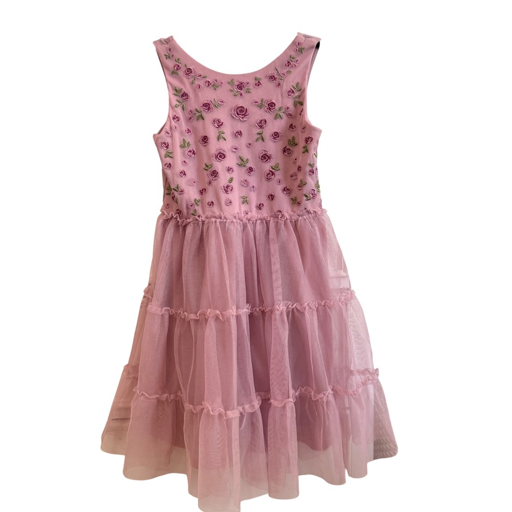 Cat & Jack Tulle Dress Girls Size S 6/7 Mauve Pink Floral Tiered Sleeveless